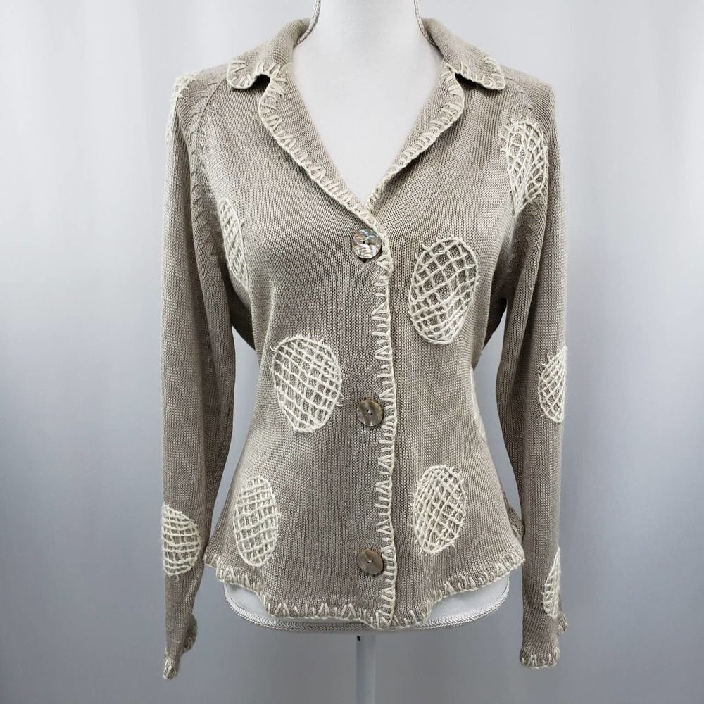 Michael Simon Vintage 1990s Sweater Cardigan Knit Linen Rayon Button-up Taupe